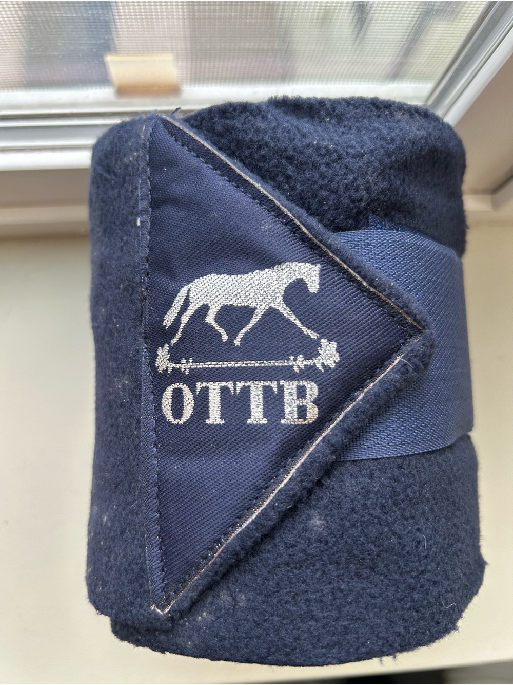 OTTB Monogrammed Navy Fleece Horse Polo Wraps Set with storage case
